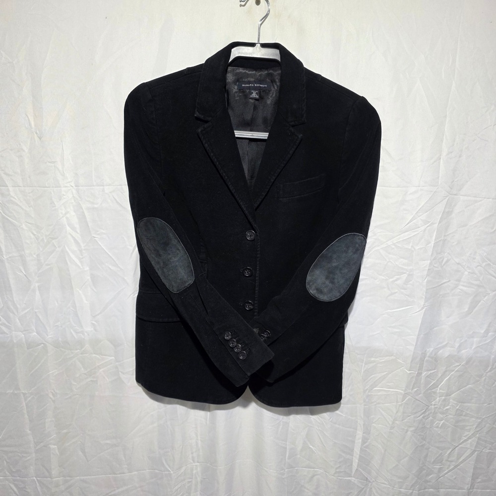 Banana Republic Black Cotton Blazer Elbow Patches Petite 8P Academic Classic